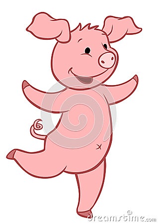 Cartoon farm animals. Little cute pig runs and smiles. Vector Illustration